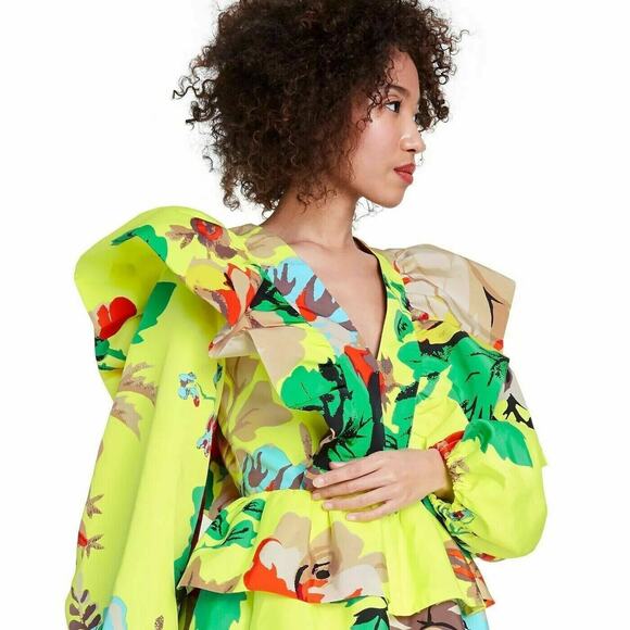 CHRISTOPHER JOHN ROGERS YELLOW FLORAL LONG SLEEVE RUFFLE DRESS SIZE 2 - Picture 3 of 4